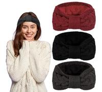 Lot de 3 bandeaux d'hiver pour femme et fille - Bandeau élastique pour femme - Doublure en polaire épaisse - Bandeau tricoté (noir + gris + rouge)