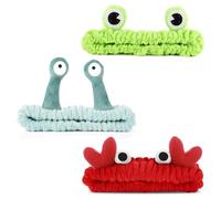 Lot de 3 bandeaux élastiques pour lavage du visage, maquillage, soins de la peau, bande dessinée pour la tête, grenouille, escargot, crabe, accessoires créatifs pour cheveux pour douche, beauté,