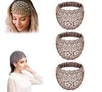 Lot De 3 Bandeaux Larges Ornés Cristaux Et Perles, élastiques En Dentelle Florale, Accessoires Pour Cheveux Hippies, Idéal Les Mariages Vacances(3*Khaki)