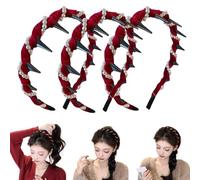 Lot de 3 bandeaux vintage en perles artificielles de cranium pour femme - Élégant bandeau tressé avec dents - Accessoires pour cheveux de mariée (rouge)