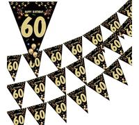 Lot de 3 banderoles décoratives à suspendre pour fête, 60e anniversaire, bannière Happy 60e anniversaire, 15 drapeaux noirs et dorés, pour hommes et femmes