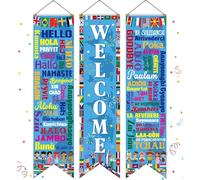 Lot de 3 bannières internationales de bienvenue, Hello & Goodbye multilingues pour porche, drapeaux de pays, décorations internationales pour salle de oupe du monde, événements sportifs du