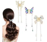 Lot de 3 barrettes à cheveux en forme de papillon élégantes pour femme en métal avec strass - Petit bijou de cheveux avec pompons en perles - Pour femme et fille - Pour communion - Style 1