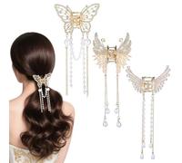 Lot de 3 barrettes à cheveux papillon élégantes pour femme en métal avec strass - Petit bijou de cheveux avec pompons en perles - Pour femme et fille - Pour communion, bal de fin d'année, fête
