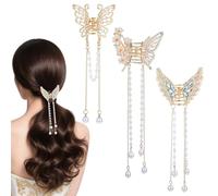 Lot de 3 barrettes à cheveux papillon élégantes pour femme en métal avec strass - Petit bijou de cheveux avec pompons en perles - Pour femme et fille - Pour communion, bal de fin d'année, fête