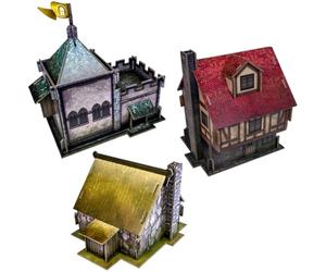 Lot de 3 bâtiments de village en caisse de terrain | 3 bâtiments de terrain fantastiques | Chapelle, chalet et maison de ville | Compatible avec Warhammer Age of Sigmar, Kings of War et plus | Échelle
