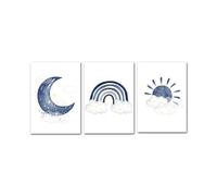 Lot de 3 Bébé Pépinière Bleu Toile Mur Art Impression Arc-En-Ciel Soleil Lune Photo Boho Dessin Animé Peinture Nordique Enfants Garçon Chambre Chambre Décoration-30 * 40Cm/12 * 16 Pouces (Sans Cadre)