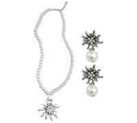 Lot de 3 bijoux traditionnels pour femme - Collier de perles en forme d'edelweiss - Boucles d'oreilles pour fête de la bière - Bijoux traditionnels bavarois - Bijoux traditionnels bavarois - Avec