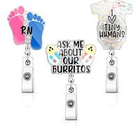 Lot de 3 bobines de badges rétractables avec clip pour carte d'infirmière, carte de référence sur le thème du bébé en acrylique pour le travail et l'accouchement, cadeaux pour infirmières, pédiatriques, étudiants, médecins