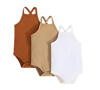 Lot de 3 Body Bébé Fille à Fines Bretelles sans Manches Bodies Grenouillère d'Eté en Tricot Côtelé de Couleur Unie (C, 9-12 Mois)