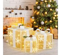 Lot de 3 Boîte Cadeaux Lumineuse de Noël, Ensemble de 3 Lumières de Noël avec Noeud, LED Décoration Lumière Boîtes Cadeaux, Boîte-Cadeaux de Noël Décoratives (Filet en Diamant)