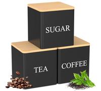 Lot de 3 boîtes à café, 500 ml, avec couvercle hermétique en bois, 8,5 x 8,5 x 8,5 cm, avec étiquettes, organisateur de cuisine (noir)
