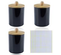 Lot de 3 boîtes à cotons-tiges - Distributeur de cotons-tiges - Avec couvercle - Noir - Pour cosmétiques, salle de bain, coiffeuse - Avec 3 étiquettes autocollantes