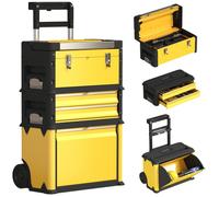 HOMCOM Lot de 3 boîtes à outils sur roulettes empilables et modulaires, servante d'atelier caisse à outil trolley en acier avec plateau, poignées et serrure, pour garage et entrepôt, jaune
