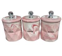 Lot de 3 boîtes à thé, café et sucre effet marbre - Rose - Rangement hermétique - Accessoires de cuisine