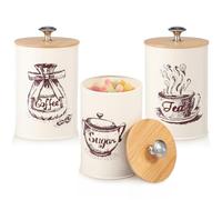 Lot de 3 boîtes à thé, café et sucre - En métal - 1000 ml - Avec couvercle en bois hermétique - 13 x 9,5 cm - Plan de travail carré - Pour thé en vrac, café, bonbons, herbes - Beige