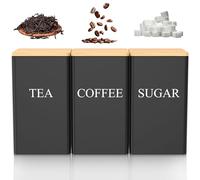 Lot de 3 boîtes à thé, café et sucre - En métal - 1000 ml - Avec couvercle hermétique en bambou - 8,5 x 8,5 x 14,3 cm - Plan de travail - Carrées - Pour thé en vrac, café, bonbons - Noir