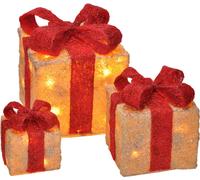 Lot de 3 boîtes cadeaux LED avec minuterie - ROUGE - Boîtes décoratives de Noël éclairées en blanc chaud fonctionnant sur piles avec minuterie