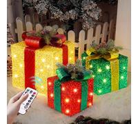 Lot de 3 Boîtes Cadeaux Lumineuses pour Décorations de Noël, LED Boîte Cadeaux de Noël avec Noeud, Lumières de Décoration Noel Exterieur Interieur