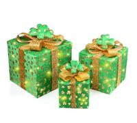 Lot de 3 boîtes cadeaux lumineuses pour la Saint-Patrick avec nœud doré et trèfle - 50 LED lumineuses - Décoration pour intérieur/extérieur - Décoration irlandaise de la Saint-Patrick