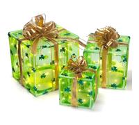 Lot de 3 boîtes cadeaux lumineuses pour la Saint-Patrick, nœud doré et trèfle, 50 LED lumineuses pour intérieur/extérieur, décoration irlandaise de la Saint-Patrick