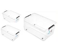 Lot de 3 boîtes de rangement avec couvercle 40 l - En plastique avec roulettes - Multifonctions - Avec couvercle et clips - Couleur transparente (40L)