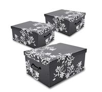 Lot de 3 boîtes de rangement avec couvercle - 51 x 37 cm - Noir avec motif floral - Boîte empilable en carton avec poignées - 45 l - Organisateur - Boîte de rangement polyvalente - Caisse cadeau -