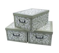 Lot de 3 boîtes de rangement avec couvercle - 51 x 37 cm - Style baroque - Olive - Boîte empilable en carton avec poignées - 45 l - Organisateur de rangement multi-usages - Caisse cadeau empilable