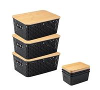 Lot de 3 boîtes de rangement empilables avec couvercle en bambou - En plastique - Avec poignée - Pour cuisine, salle de bain, chambre à coucher, balcon - Noir