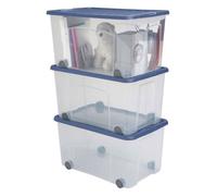 Lot de 3 boites de rangement en plastique avec couvercle et roues Sundis VENTILO 50L, L58xl38xh32,5cm - bleu