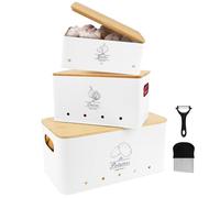 Lot de 3 boîtes de rangement pour pommes de terre, boîtes à légumes en métal avec couvercle en bambou, récipient à ail avec trous d'aération, conservation des oignons, garde les légumes frais plus