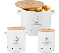 Lot de 3 boîtes de rangement rondes pour légumes avec couvercle et poignée en bambou - En acier carbone - Pour pommes de terre, oignons, ail - Avec trous d'aération - Pour la maison, la cuisine, le