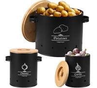 Lot de 3 boîtes de rangement rondes pour légumes avec couvercle et poignée en bambou - En acier carbone - Pour pommes de terre, oignons, ail - Avec trous d'aération - Pour la maison, la cuisine, le