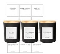 Lot de 3 boîtes de salle de bain modernes noires de 383,6 g avec 12 étiquettes et couvercle en bois épais pour ranger des boules de coton et des coussinets, décoration minimaliste