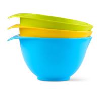 Lot de 3 bols à mélanger avec bec verseur et poignée, vert, jaune, bleu clair, joliment colorés, compacts, empilables et ergonomiques, fabriqués au Royaume-Uni