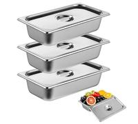 Lot de 3 bols à paner - 32,5 x 17,5 x 6,5 cm - En acier inoxydable GN 1/3 - Récipient gastronorme en acier inoxydable avec couvercle - Plaque rectangulaire en métal - Kit de panure pour côtelettes