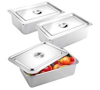Lot de 3 bols GN 1/3 en acier inoxydable avec couvercle 32,5 x 17,5 x 6,5 cm pour aliments chauds et froids, poêle buffet restauration, facile à nettoyer