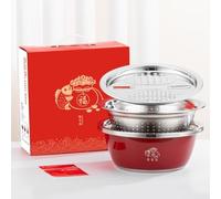 Lot de 3 bols mélangeurs empilables en acier inoxydable pour pétrir la pâte, le lavage des légumes, le stockage des aliments, ustensiles de cuisine de style chinois, rouge naturel (B)