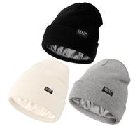 Lot de 3 Bonnets doublés de Satin pour Homme et Femme - Doublés en Soie - Doux et Chauds - en Coton - Crochet - Bonnet à tête de Mort Souple, Noir + Blanc + Gris Clair, Taille Unique
