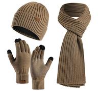 Lot de 3 bonnets, écharpes et gants d'hiver unisexes en tricot chaud, bonnet, gants tactiles, longue écharpe pour homme et femme, kaki, taille unique