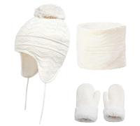 Lot de 3 bonnets en polaire thermique pour enfants + écharpe + gants - Accessoires d'hiver confortables pour garçons et filles - Ensemble bonnet et écharpe et moufles, blanc, S