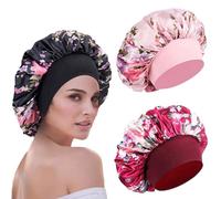 Lot de 3 bonnets en satin avec large bande élastique, enveloppement de cheveux en soie pour dormir, couverture de tête de sommeil douce pour femmes et filles noires cheveux bouclés (rose, noir, rouge)