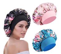 Lot de 3 bonnets en satin avec large bande élastique, enveloppement de cheveux en soie pour dormir, couverture de tête de sommeil douce pour femmes et filles noires cheveux bouclés (rose, Rose, bleu