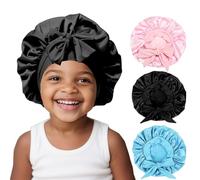 Lot de 3 bonnets en soie pour enfants pour dormir - Bonnet en satin pour dormir, cheveux bouclés pour filles et garçons avec large bande élastique, bonnet de bain pour adolescents et tout-petits (rose