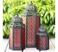 Lot de 3 bougeoirs marocains décoratifs en métal pour Le Ramadan, la décoration intérieure, la terrasse extérieure, Rouge