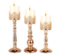 Lot de 3 bougeoirs pour Bougies piliers - Doré - Vintage - Grand Centre de Table - Décoration