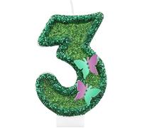 Lot de 3 bougies d'anniversaire à paillettes en forme de papillon vert en forme de chiffre 3 pour décoration de gâteau de 3e anniversaire de fille, bougies féériques sur le thème des papillons pour