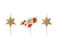 Lot de 3 bougies d'anniversaire, motif d'avion, 4,5 à 5 cm, pour décoration de gâteau, pour anniversaire d'enfant, bleues, rouges et dorées