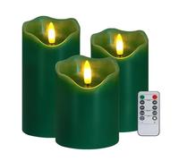Lot de 3 bougies de Noël sans flamme vacillante avec télécommande | Bougie LED verte à piles avec minuteur, bougies piliers en cire véritable pour Noël, mariage, Saint-Valentin, maison