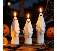 Lot de 3 bougies décoratives d'intérieur pour Halloween - Blanc - Grande | Bougies parfumées en cire de soja en forme de fantômes, jolie bougie brûlante pour Halloween, décoration de table et petits